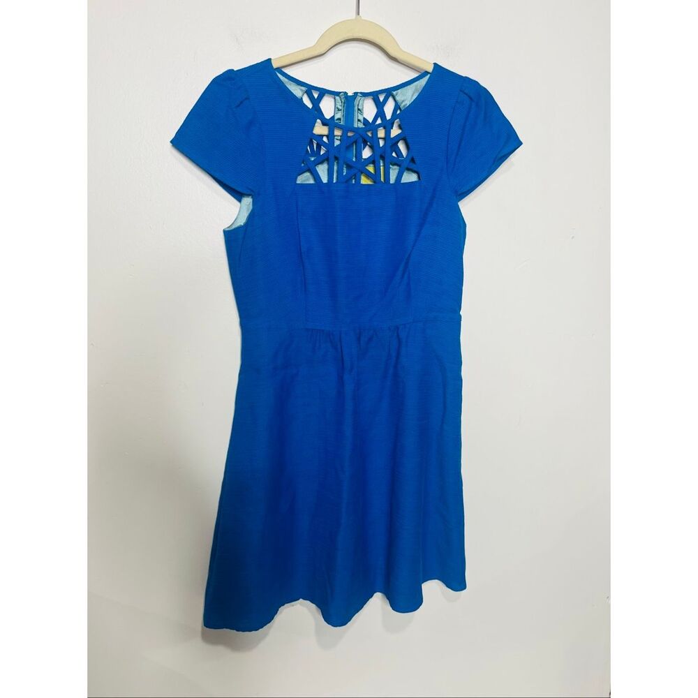 Maeve by Anthropologie Aria Fit & Flare Short-Sleeved Blue Dress Cutout Neckline